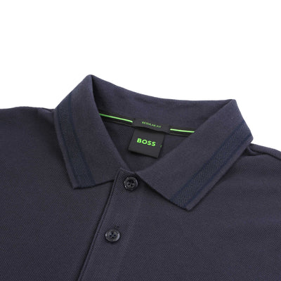 BOSS Plisy Long Sleeve Polo Shirt in Navy Collar