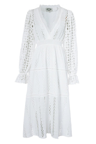 Holland Cooper Broderie Lace V Neck Midi Dress in White Front