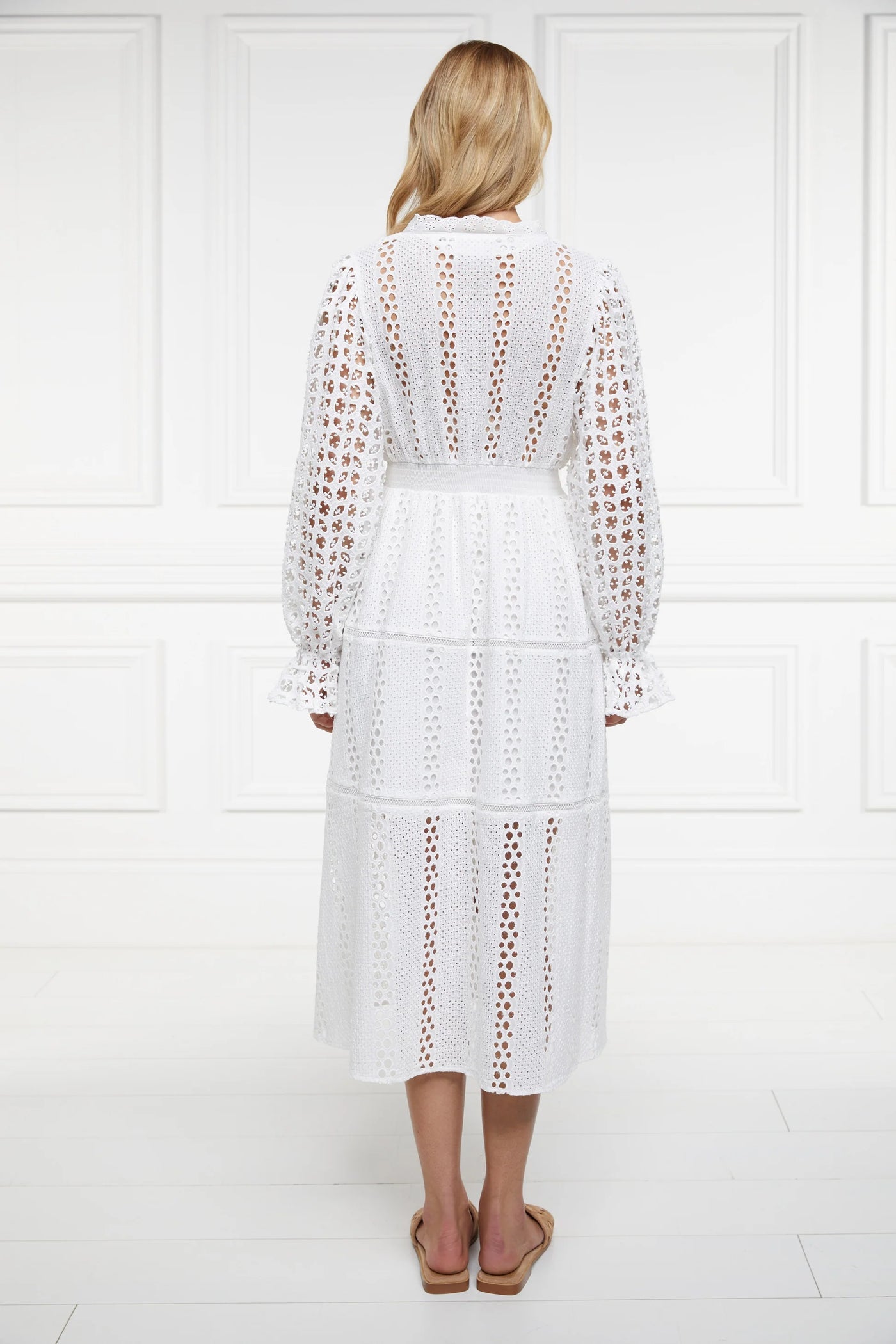 Holland Cooper Broderie Lace V Neck Midi Dress in White Model Back