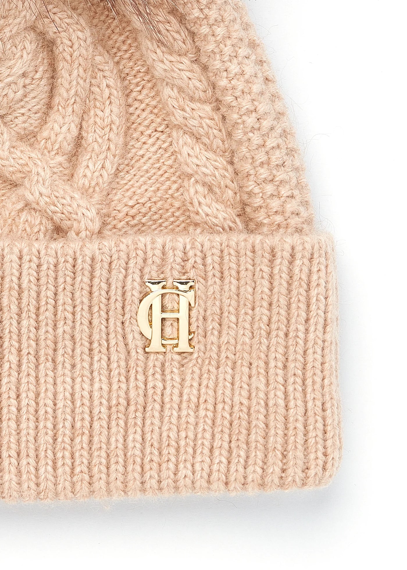 Holland Cooper Cortina Ladies Bobble Hat in Camel Champagne Logo