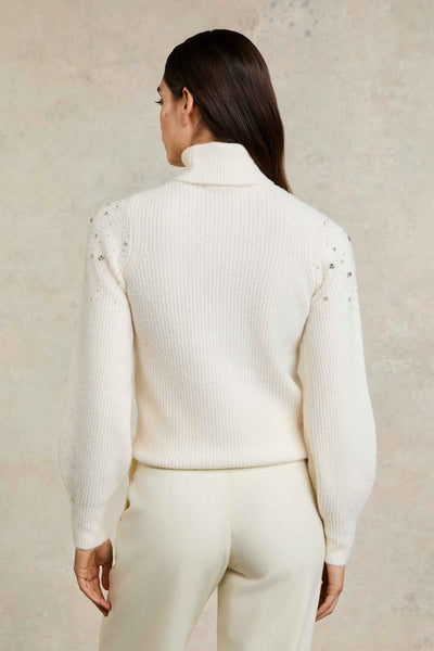 Holland Cooper Kelsie Rib Embellished Roll Neck Knitwear in Natural Model Back