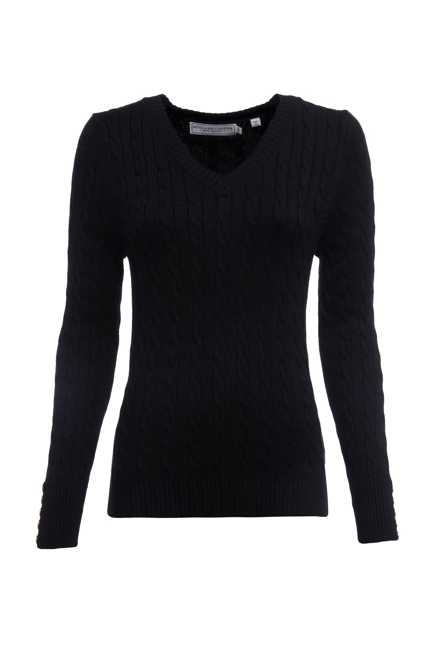 Holland Cooper Seattle Cable V Neck Knitwear in Black Front