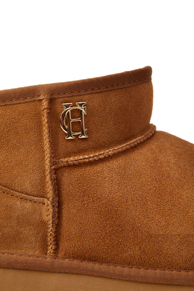 Holland Cooper Ultra Mini Shearling Boot in Tan Logo