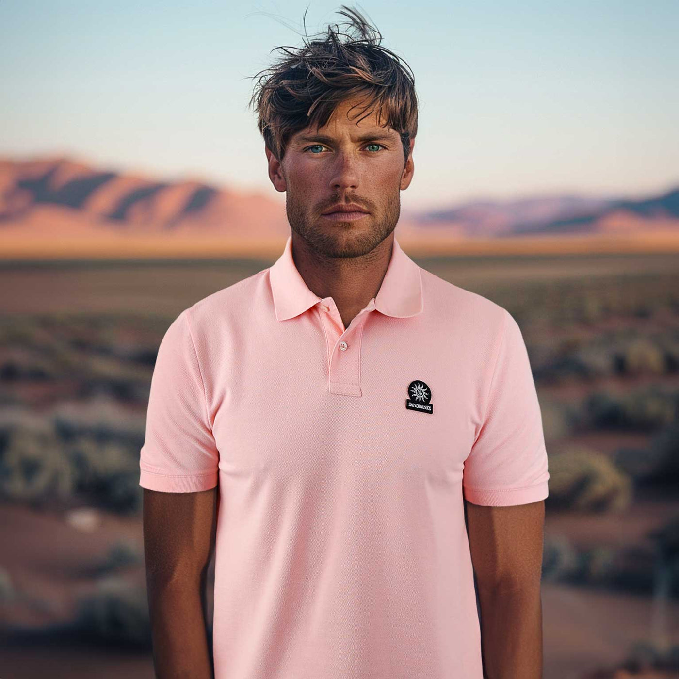 Sandbanks Badge Logo Polo Shirt in Crystal Rose Model